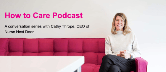 Cathy Thorpe, Nurse Next Door CEO, sitting on a pink couch. 