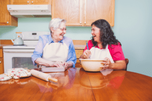 Laughing client and caregiver